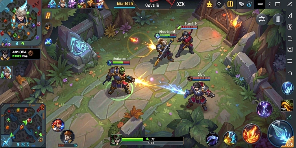 Screenshot gameplay 8ZK yang menampilkan karakter dalam pertempuran MOBA.