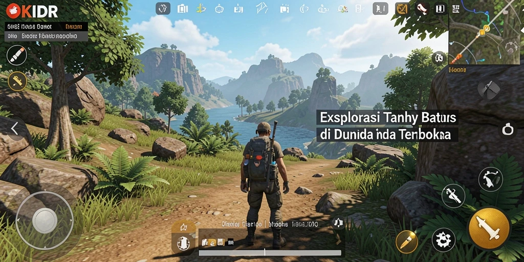 Screenshot gameplay OKIDR menampilkan dunia terbuka yang luas dan menakjubkan.