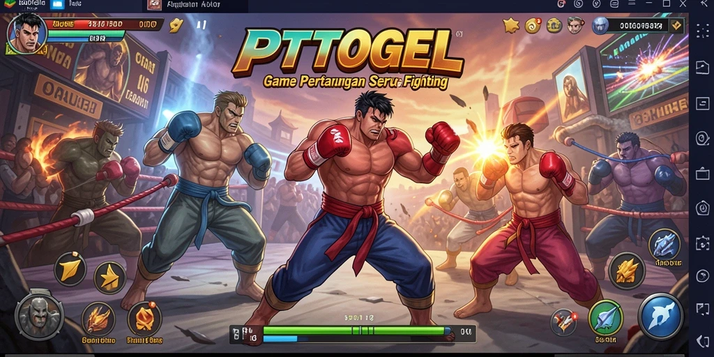 Screenshot utama PTTOGEL menunjukkan karakter bertarung dalam arena yang mengesankan.