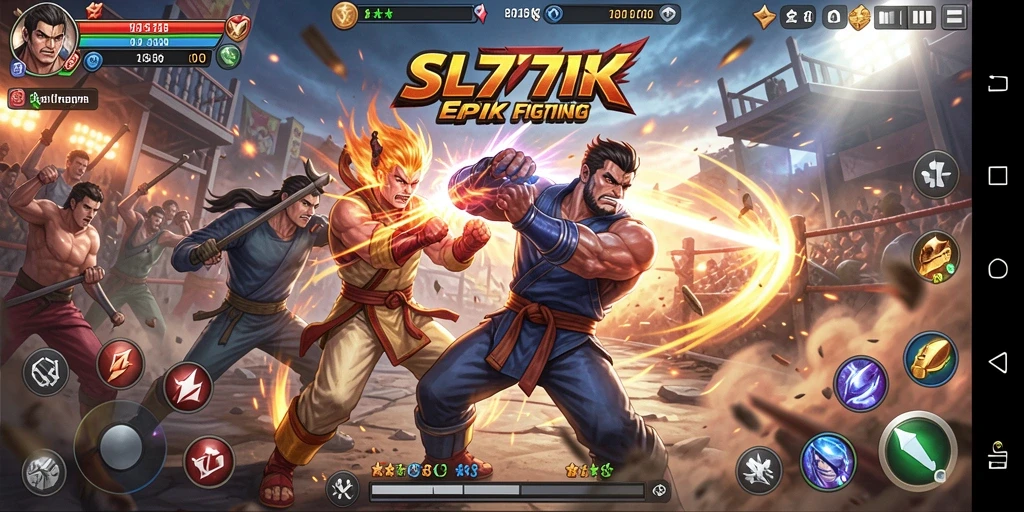 Tangkapan layar gameplay SL777 menampilkan pertarungan seru antar karakter.