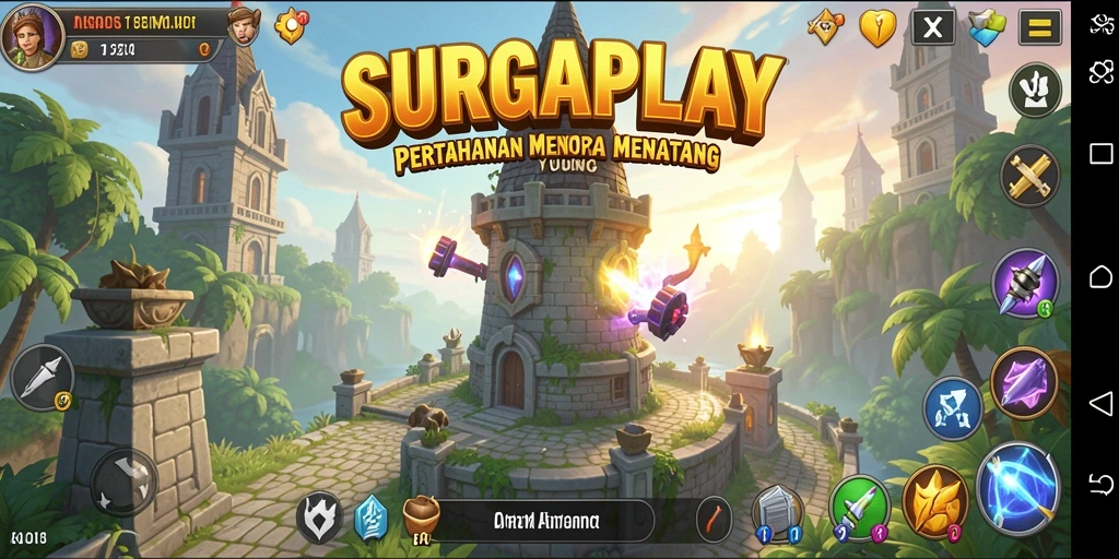 Tangkapan layar SURGAPLAY menampilkan aksi pertahanan menara yang intens.