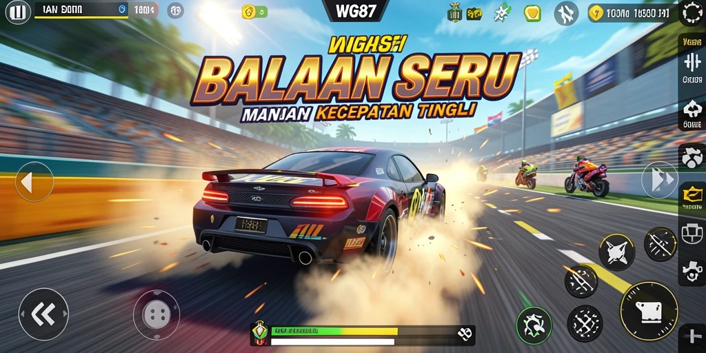 Screenshot utama WG87 menampilkan aksi balapan yang mendebarkan.